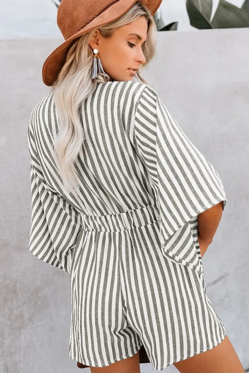 Chouyatou Womens Casual Shorts Rompers Half Sleeve Tie Waist Striped Jumpsuits for Women