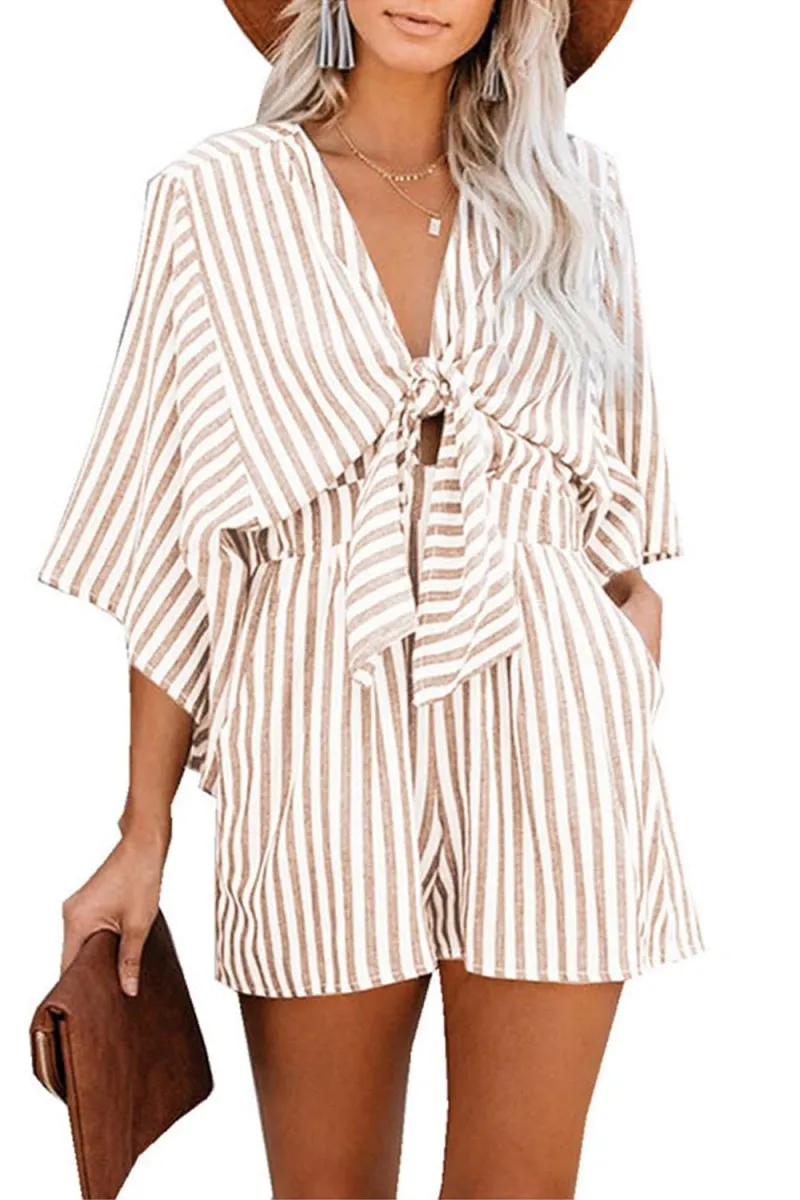 Chouyatou Womens Casual Shorts Rompers Half Sleeve Tie Waist Striped Jumpsuits for Women
