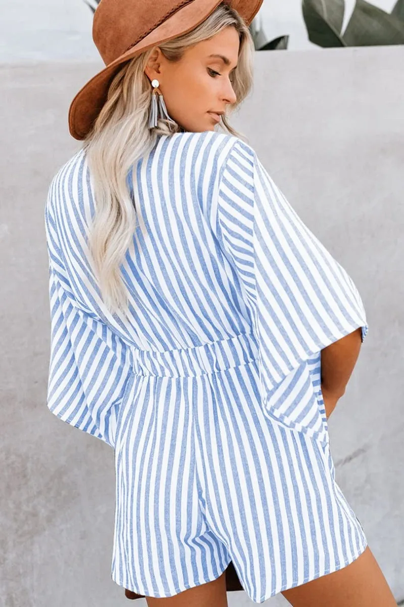 Chouyatou Womens Casual Shorts Rompers Half Sleeve Tie Waist Striped Jumpsuits for Women