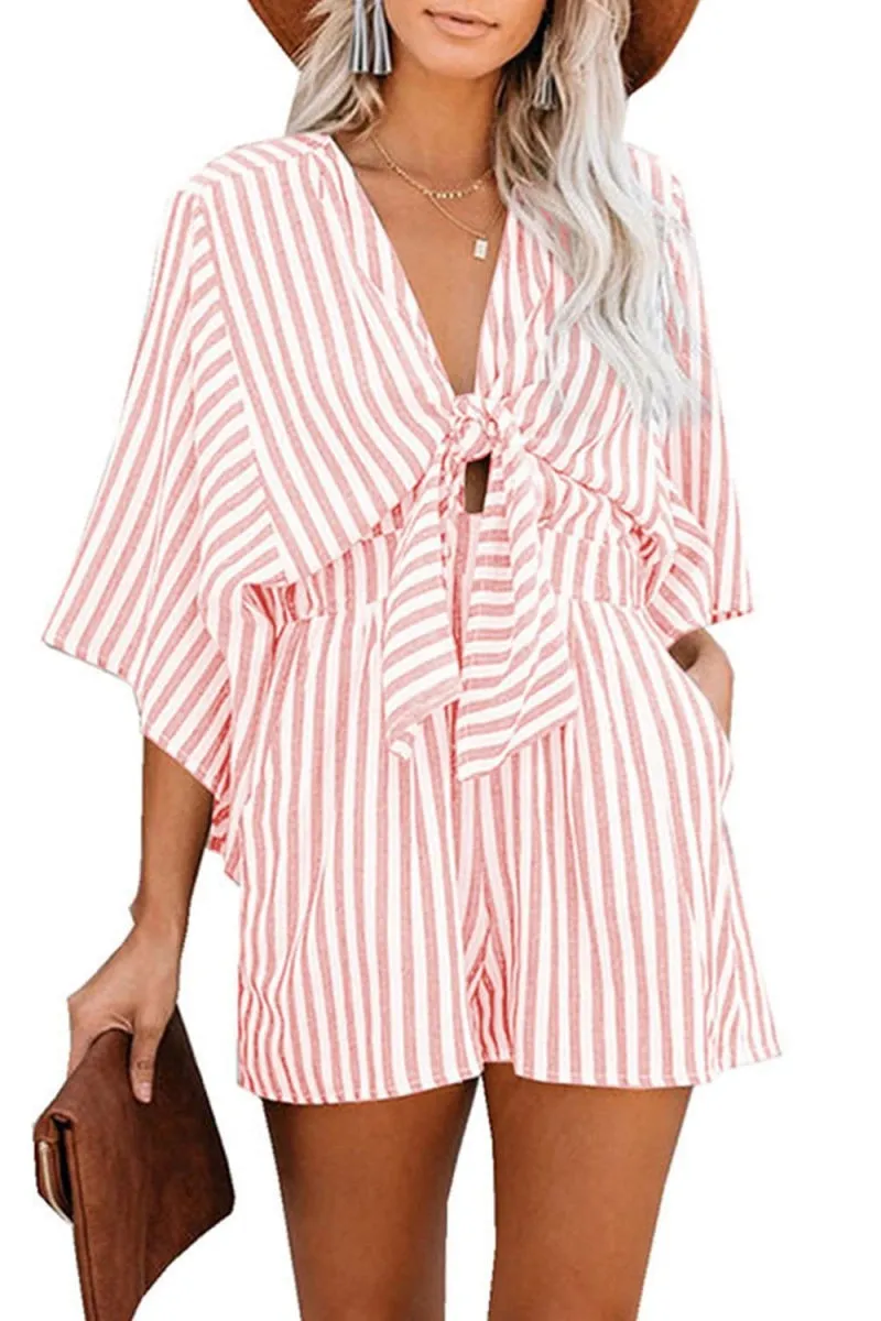 Chouyatou Womens Casual Shorts Rompers Half Sleeve Tie Waist Striped Jumpsuits for Women