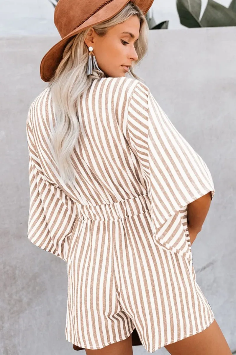 Chouyatou Womens Casual Shorts Rompers Half Sleeve Tie Waist Striped Jumpsuits for Women