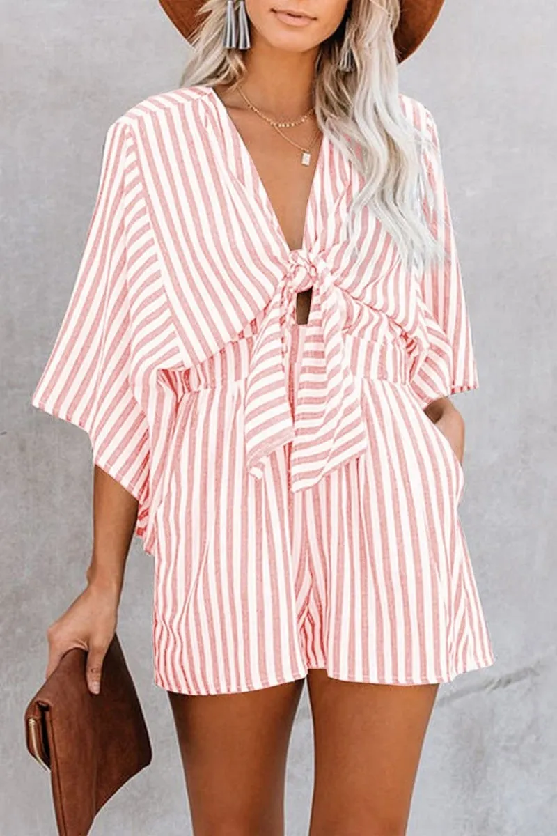 Chouyatou Womens Casual Shorts Rompers Half Sleeve Tie Waist Striped Jumpsuits for Women