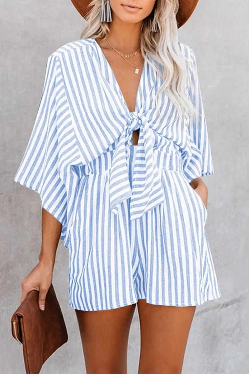 Chouyatou Womens Casual Shorts Rompers Half Sleeve Tie Waist Striped Jumpsuits for Women
