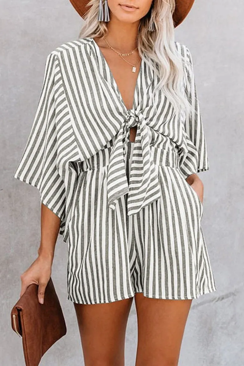 Chouyatou Womens Casual Shorts Rompers Half Sleeve Tie Waist Striped Jumpsuits for Women
