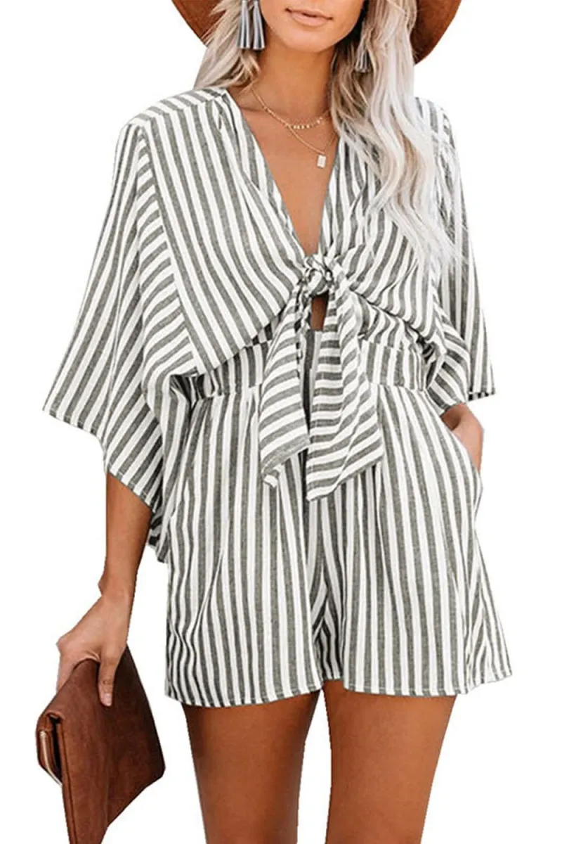 Chouyatou Womens Casual Shorts Rompers Half Sleeve Tie Waist Striped Jumpsuits for Women