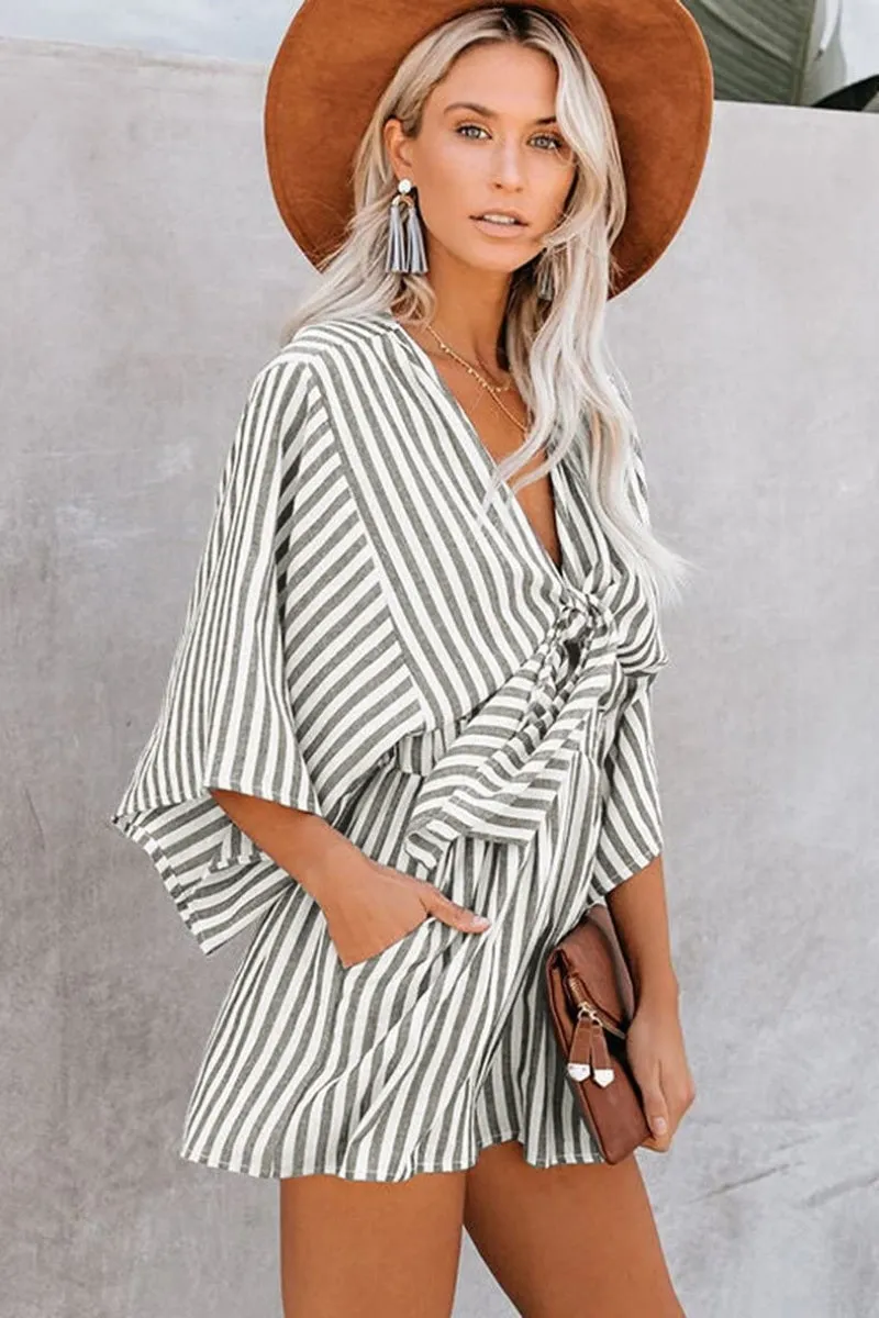 Chouyatou Womens Casual Shorts Rompers Half Sleeve Tie Waist Striped Jumpsuits for Women