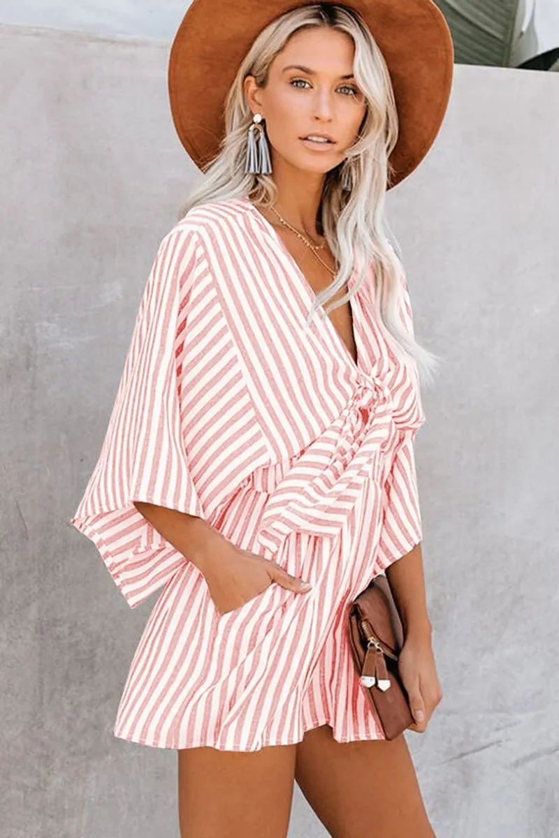 Chouyatou Womens Casual Shorts Rompers Half Sleeve Tie Waist Striped Jumpsuits for Women