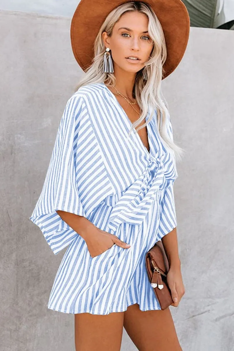 Chouyatou Womens Casual Shorts Rompers Half Sleeve Tie Waist Striped Jumpsuits for Women