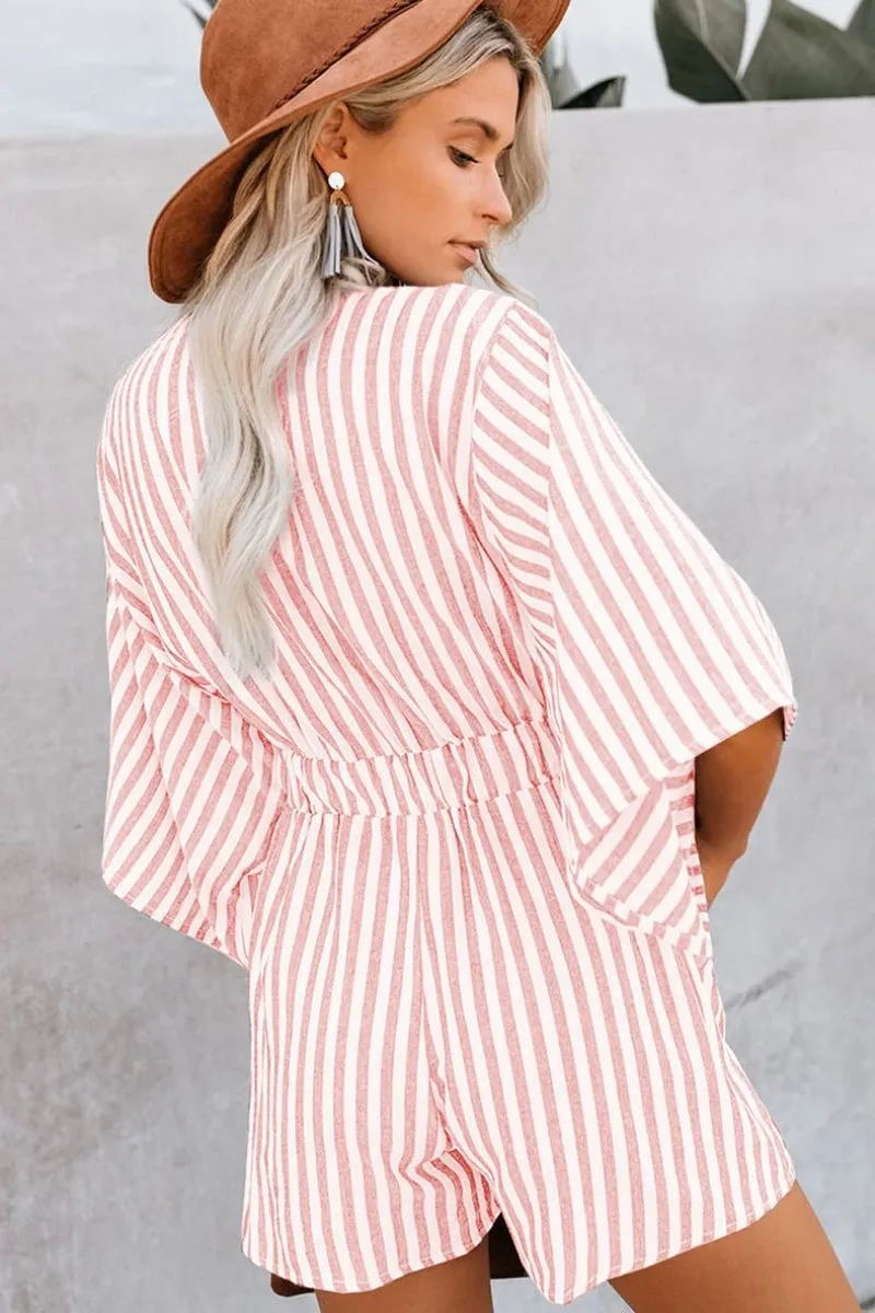 Chouyatou Womens Casual Shorts Rompers Half Sleeve Tie Waist Striped Jumpsuits for Women