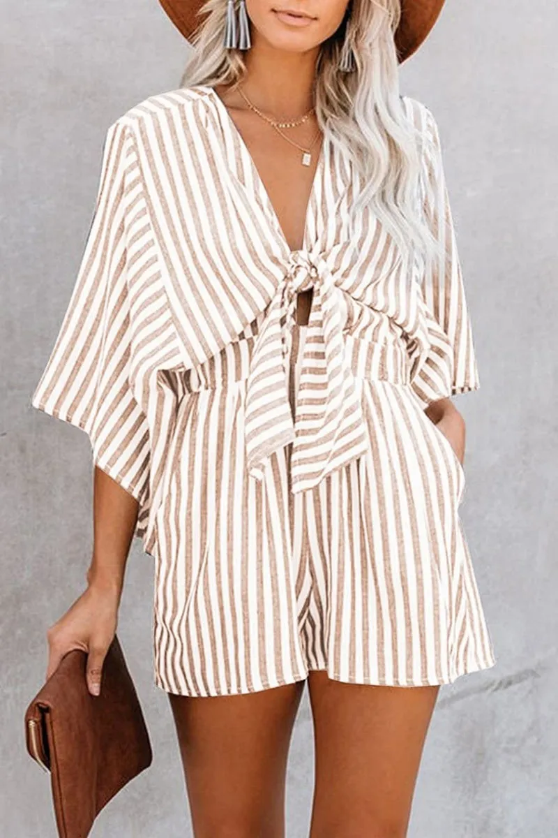 Chouyatou Womens Casual Shorts Rompers Half Sleeve Tie Waist Striped Jumpsuits for Women