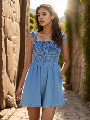 Corina Smocked Tie Shoulder Denim Romper
