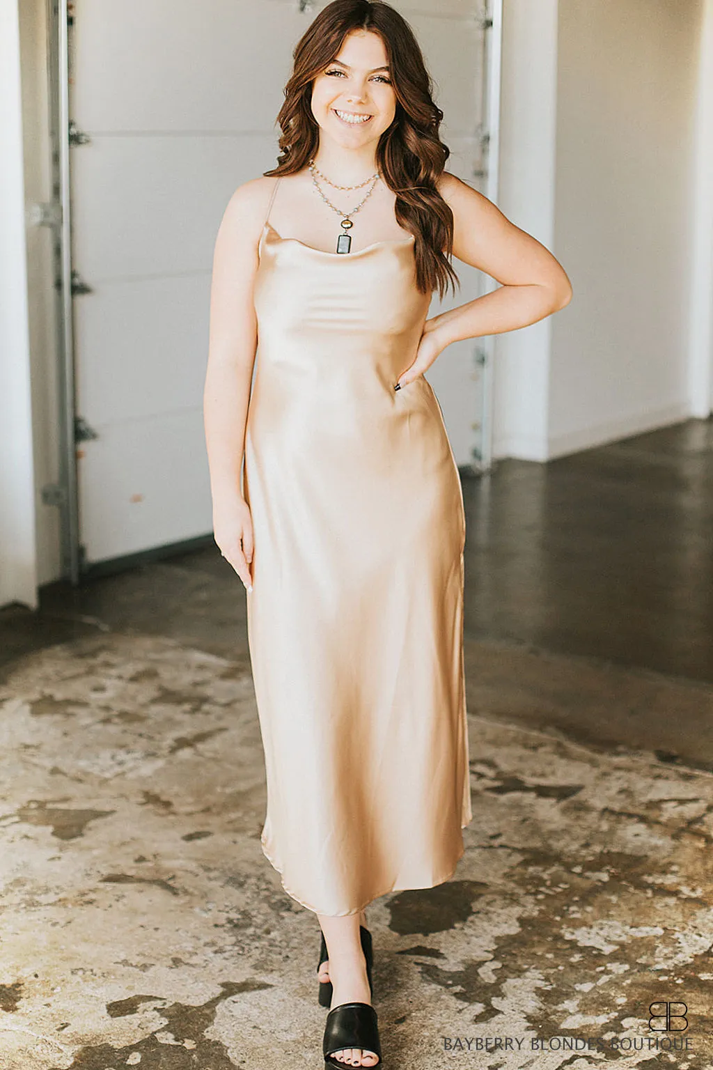 Cowl Neck Slip Dress-Champagne