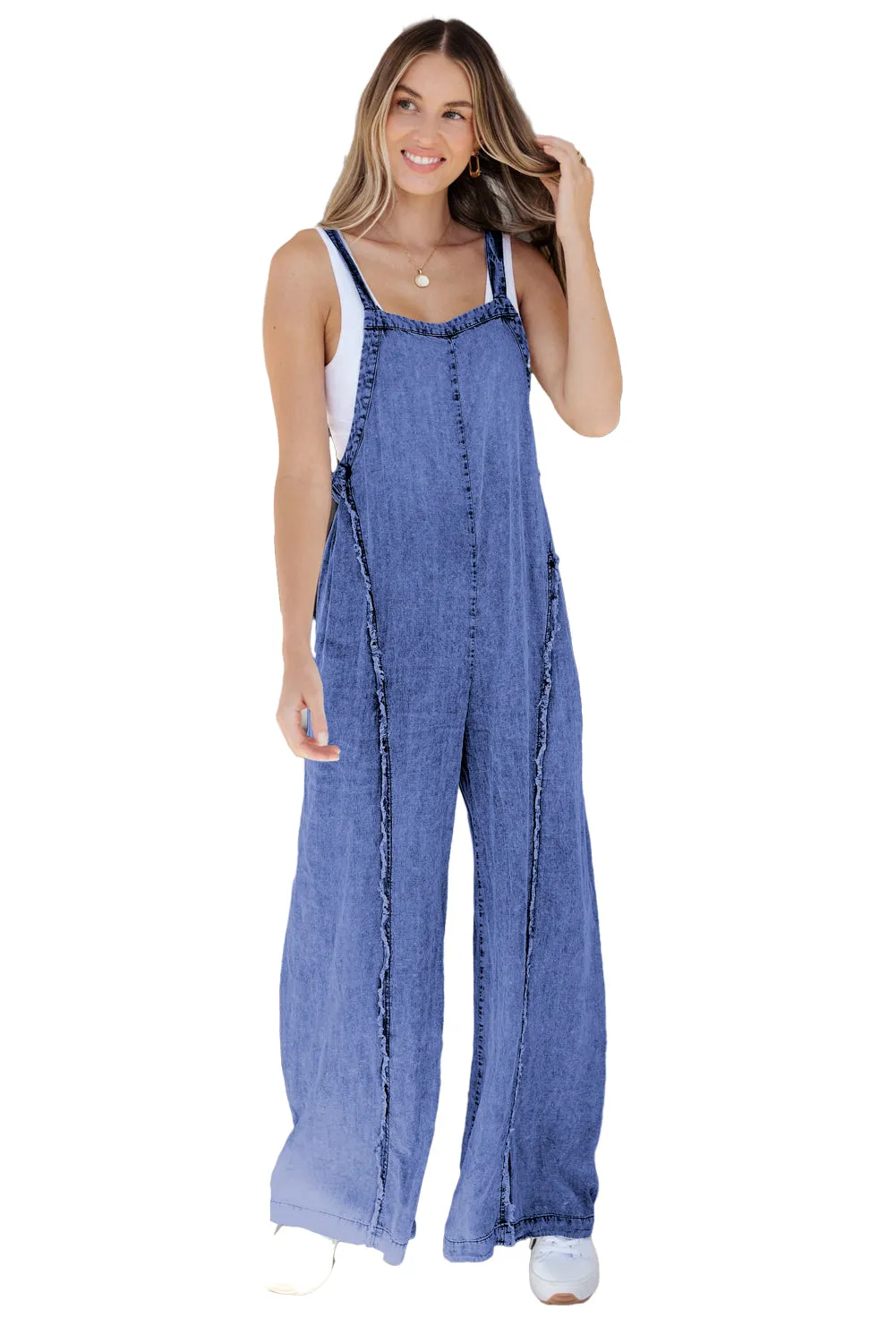Dark Blue Light Wash Frayed Exposed Seam Wide Leg Denim Overall