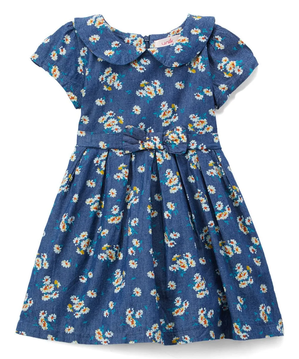 Denim Dress with a neck bow Printed Dress