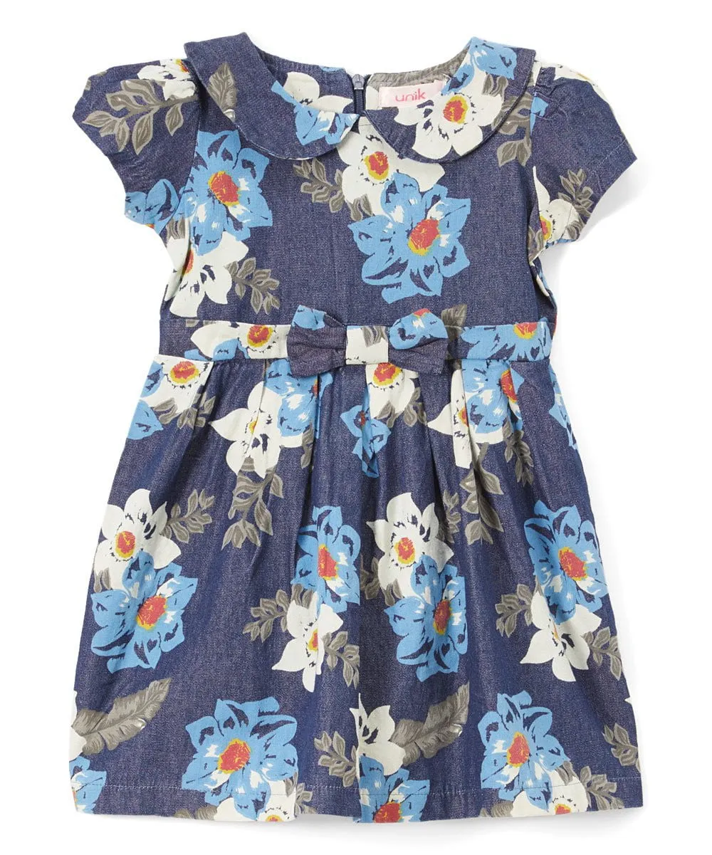 Denim Dress with a neck bow Printed Dress