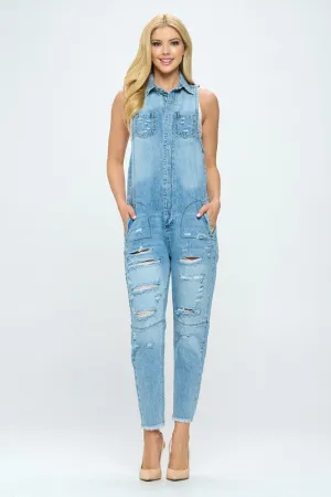 Denim Jumpsuit With Distressing