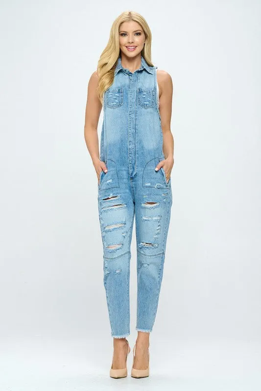 Denim Jumpsuit With Distressing