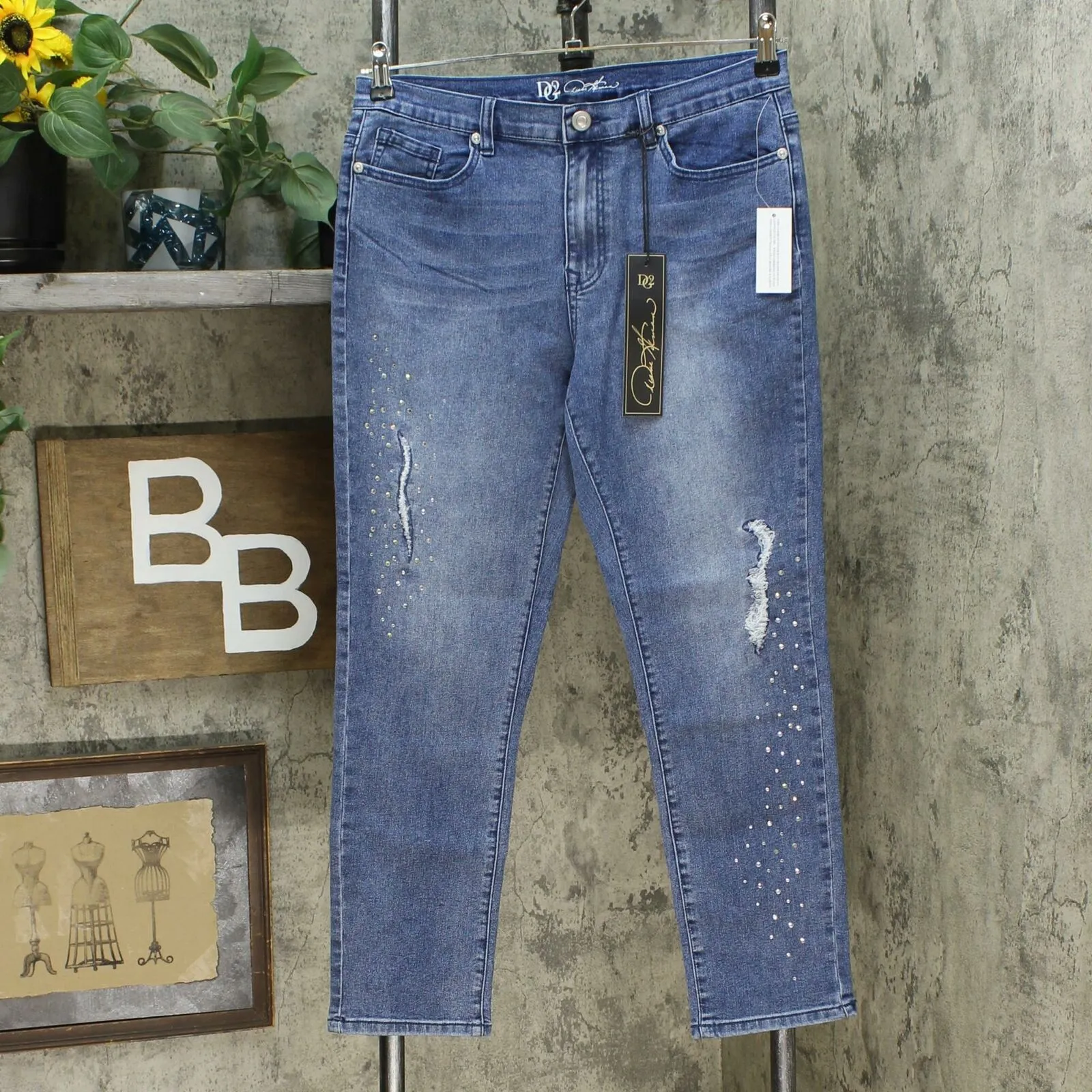 DG2 by Diane Gilman Women's Petite Embellished Distressed Skinny Jeans