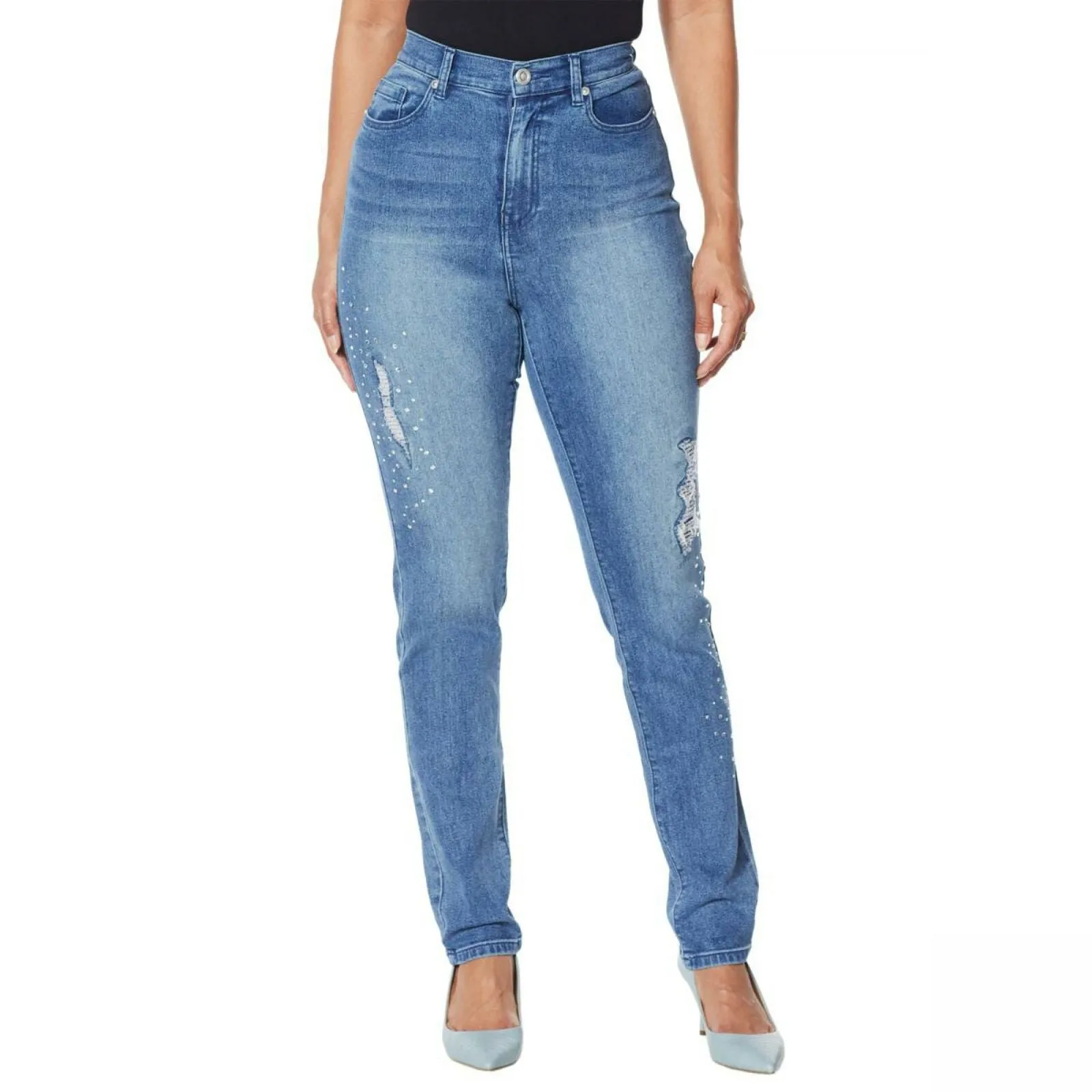 DG2 by Diane Gilman Women's Petite Embellished Distressed Skinny Jeans