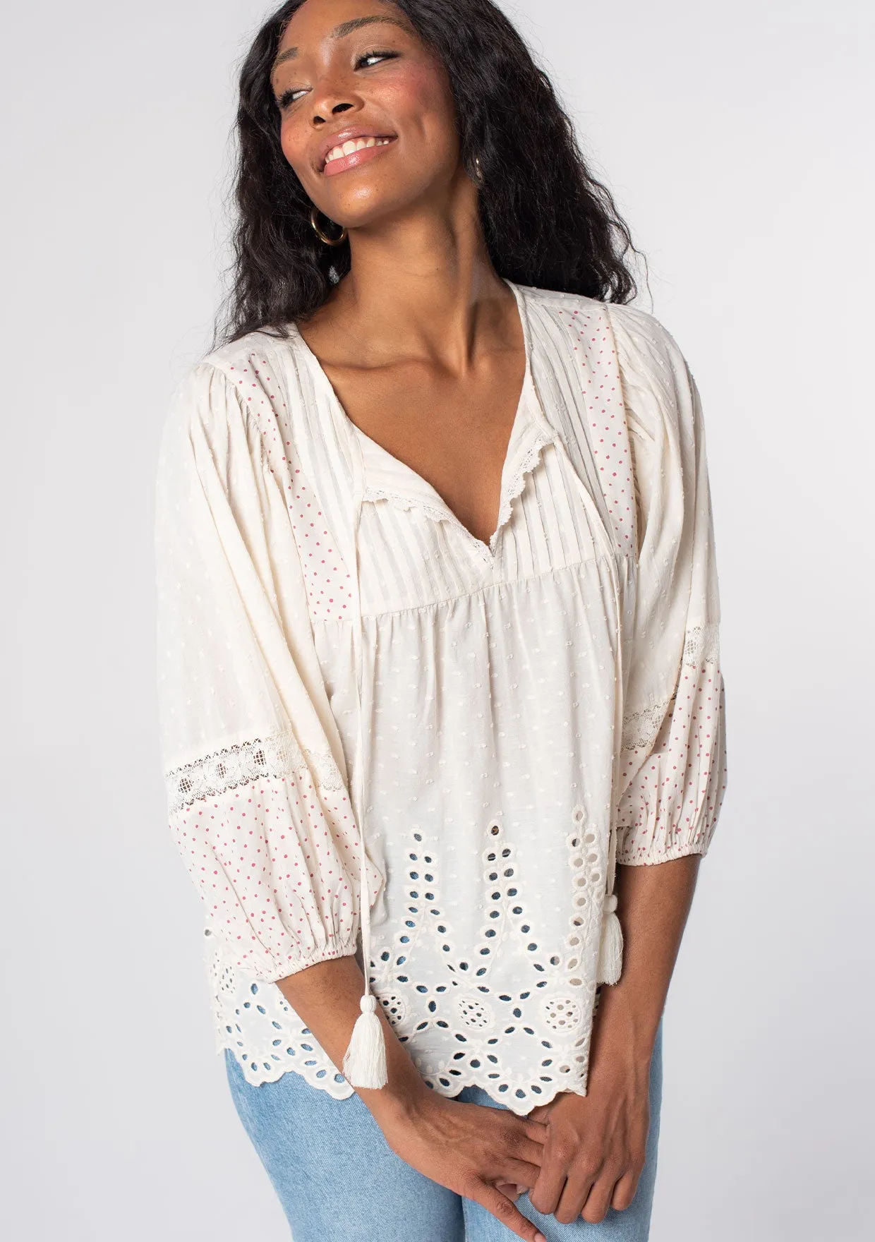 Dobby Dotted Embroidered Long Sleeve Peasant Top