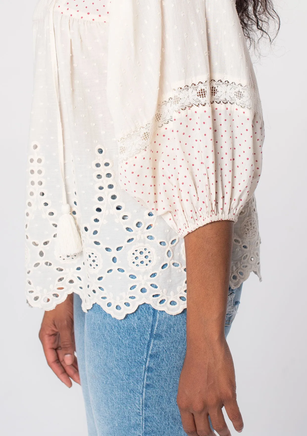 Dobby Dotted Embroidered Long Sleeve Peasant Top