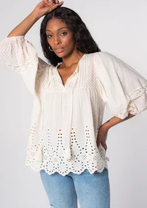 Dobby Dotted Embroidered Long Sleeve Peasant Top