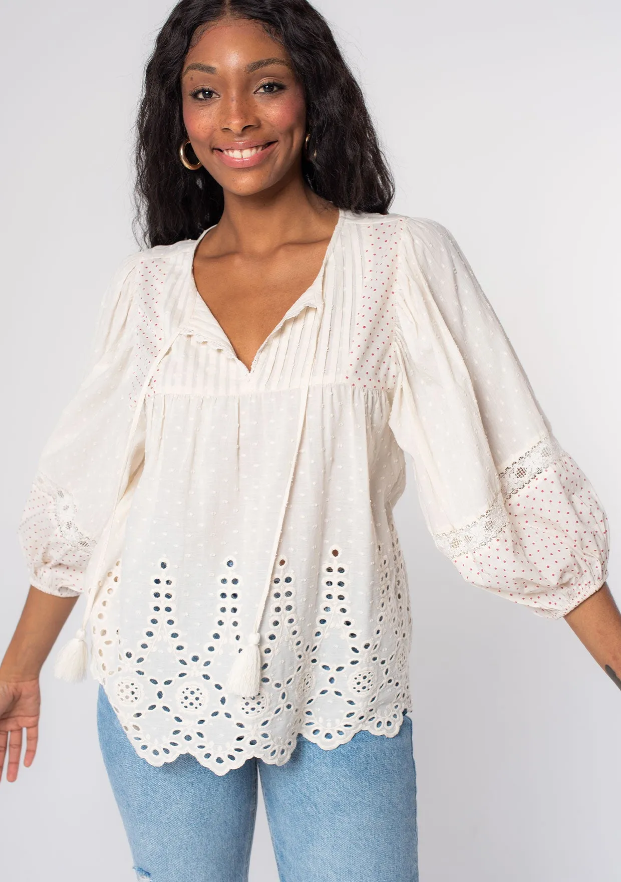 Dobby Dotted Embroidered Long Sleeve Peasant Top