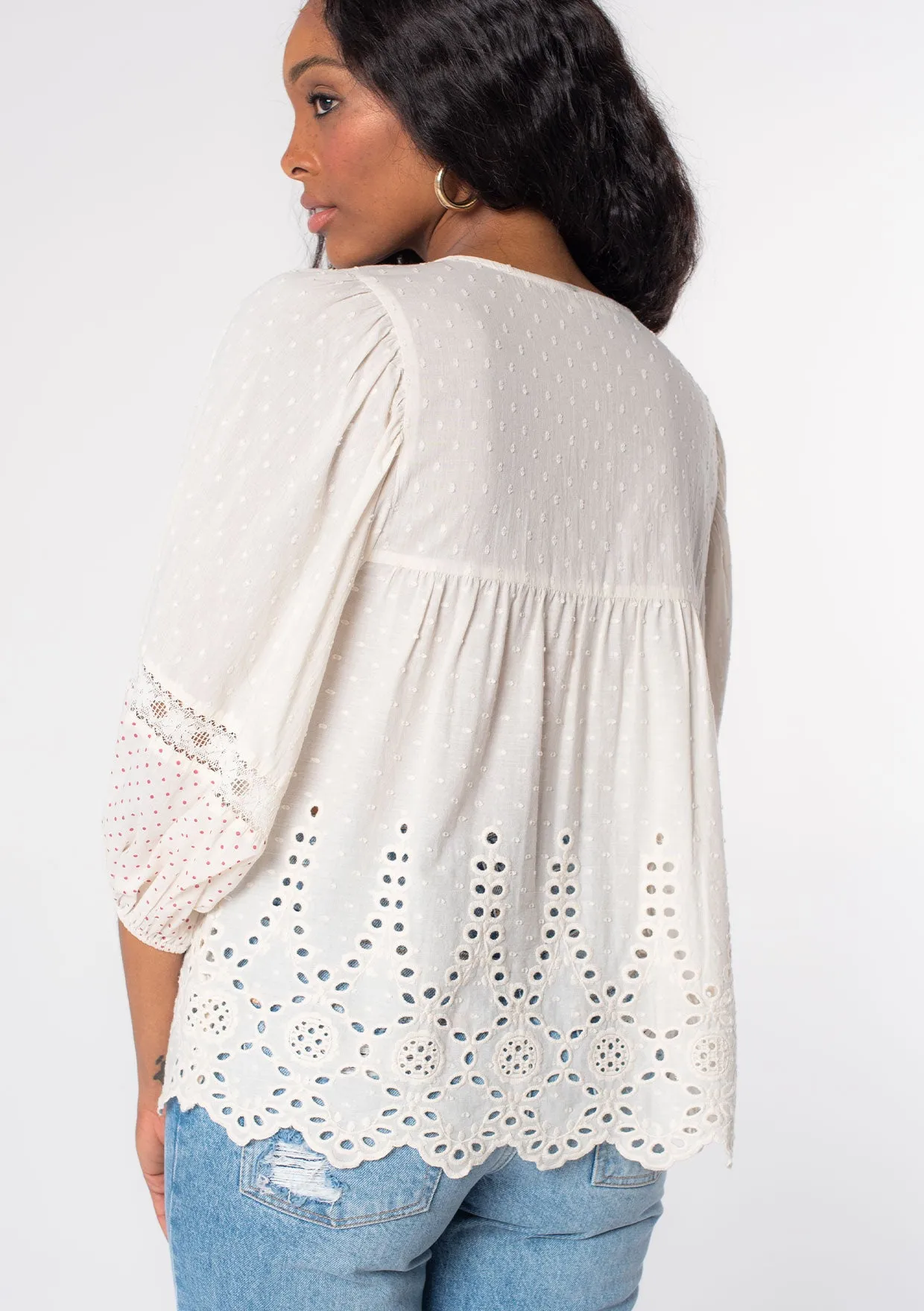 Dobby Dotted Embroidered Long Sleeve Peasant Top