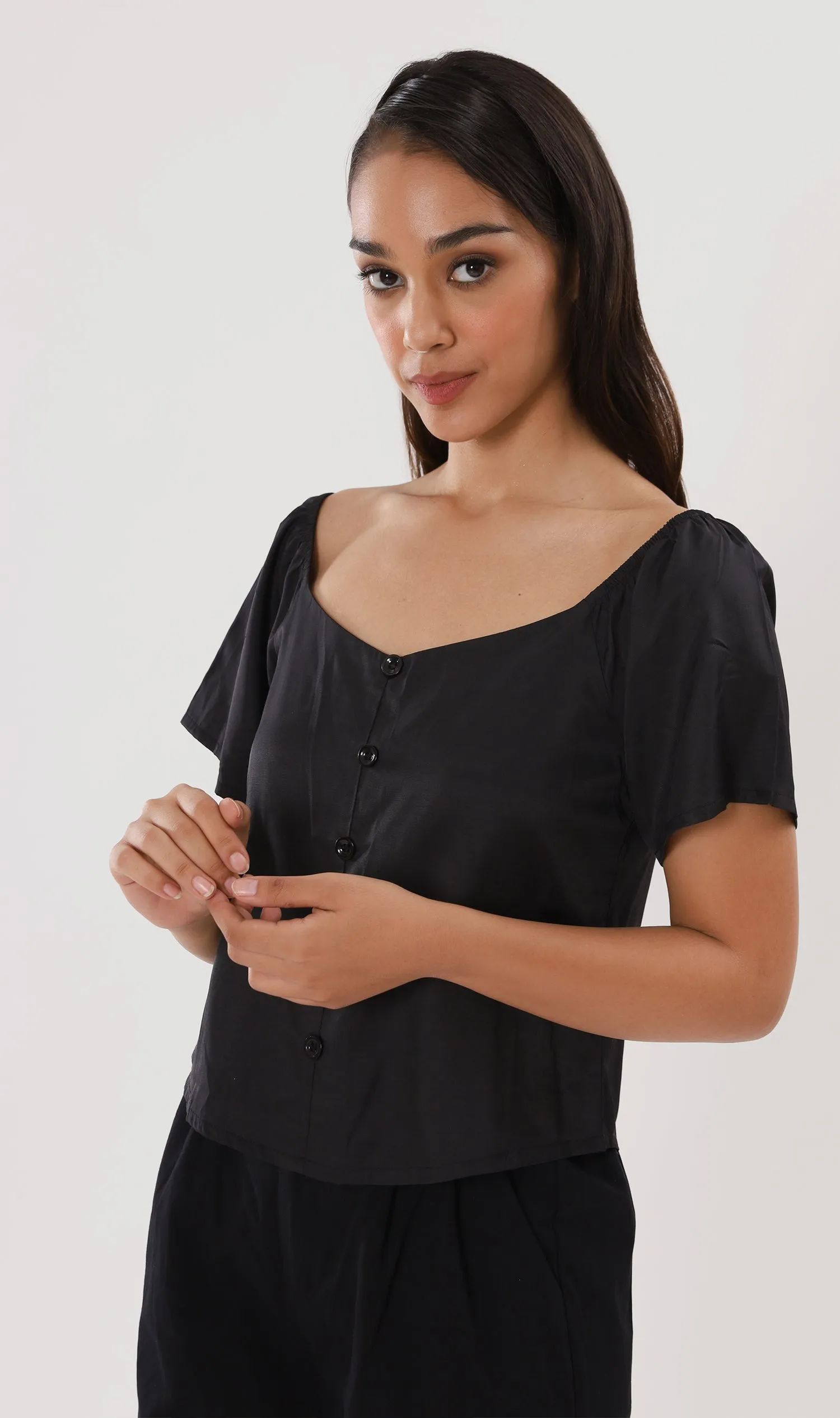 ELIANA Buttoned Flutter-Sleeve Top (Black)