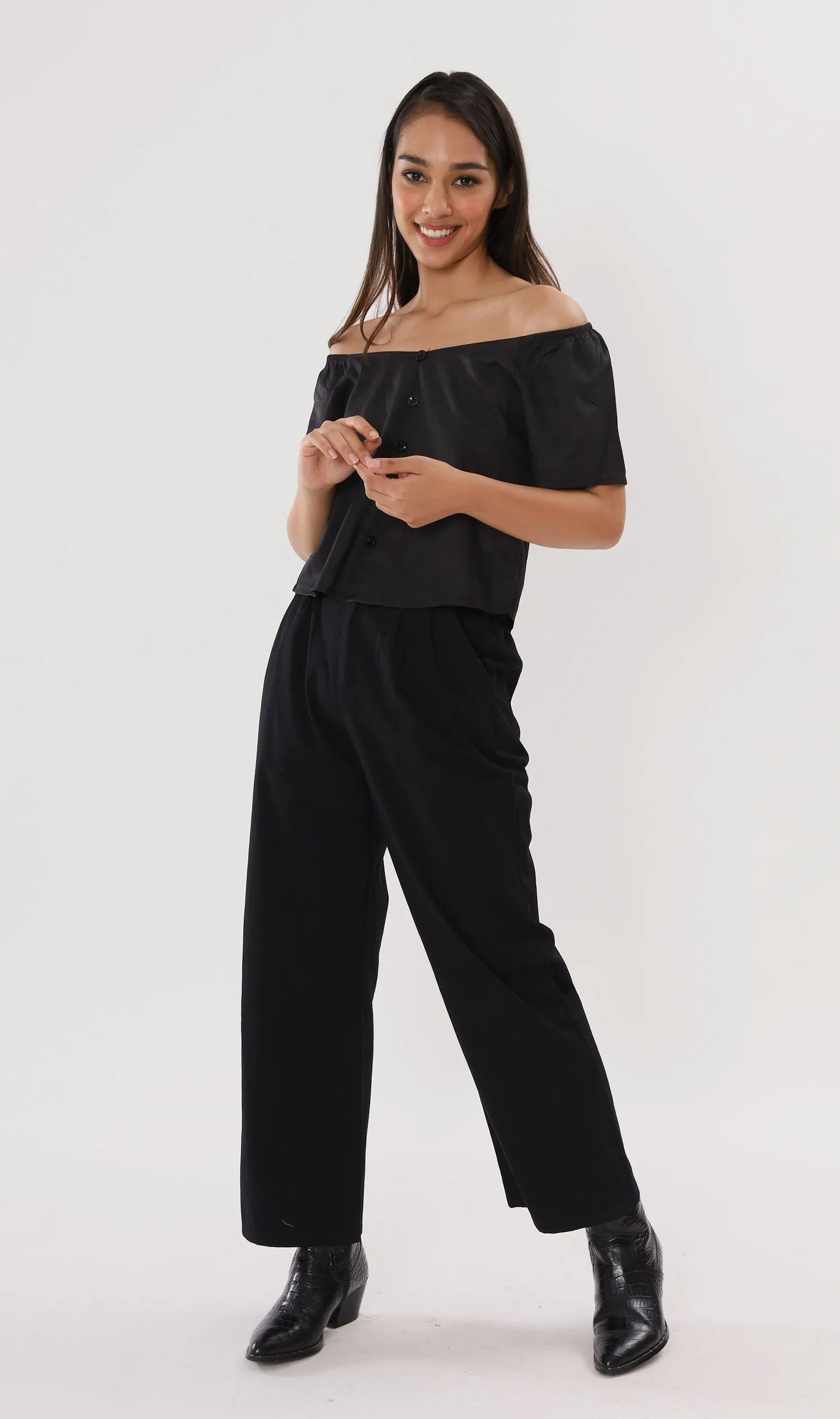 ELIANA Buttoned Flutter-Sleeve Top (Black)