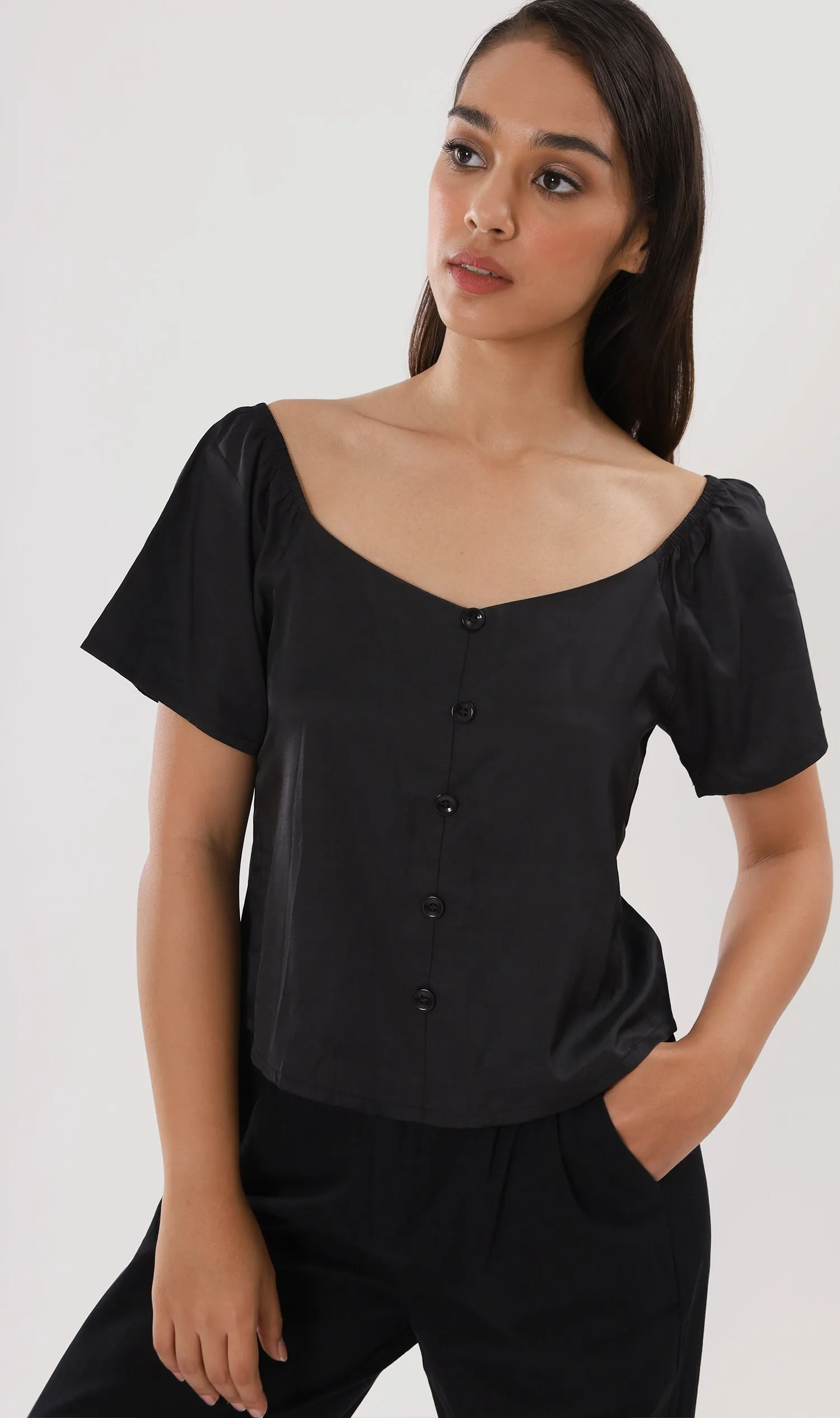 ELIANA Buttoned Flutter-Sleeve Top (Black)