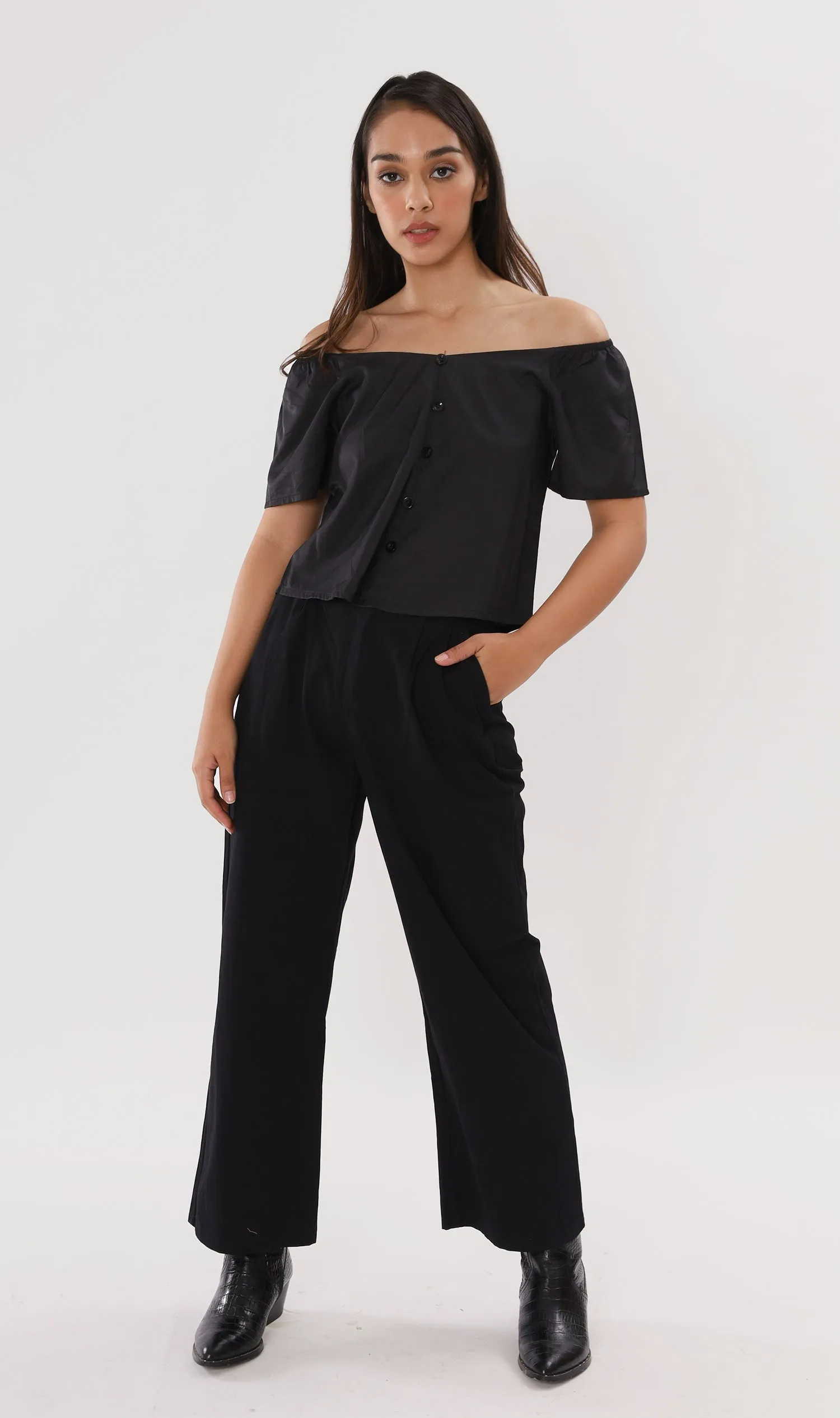 ELIANA Buttoned Flutter-Sleeve Top (Black)