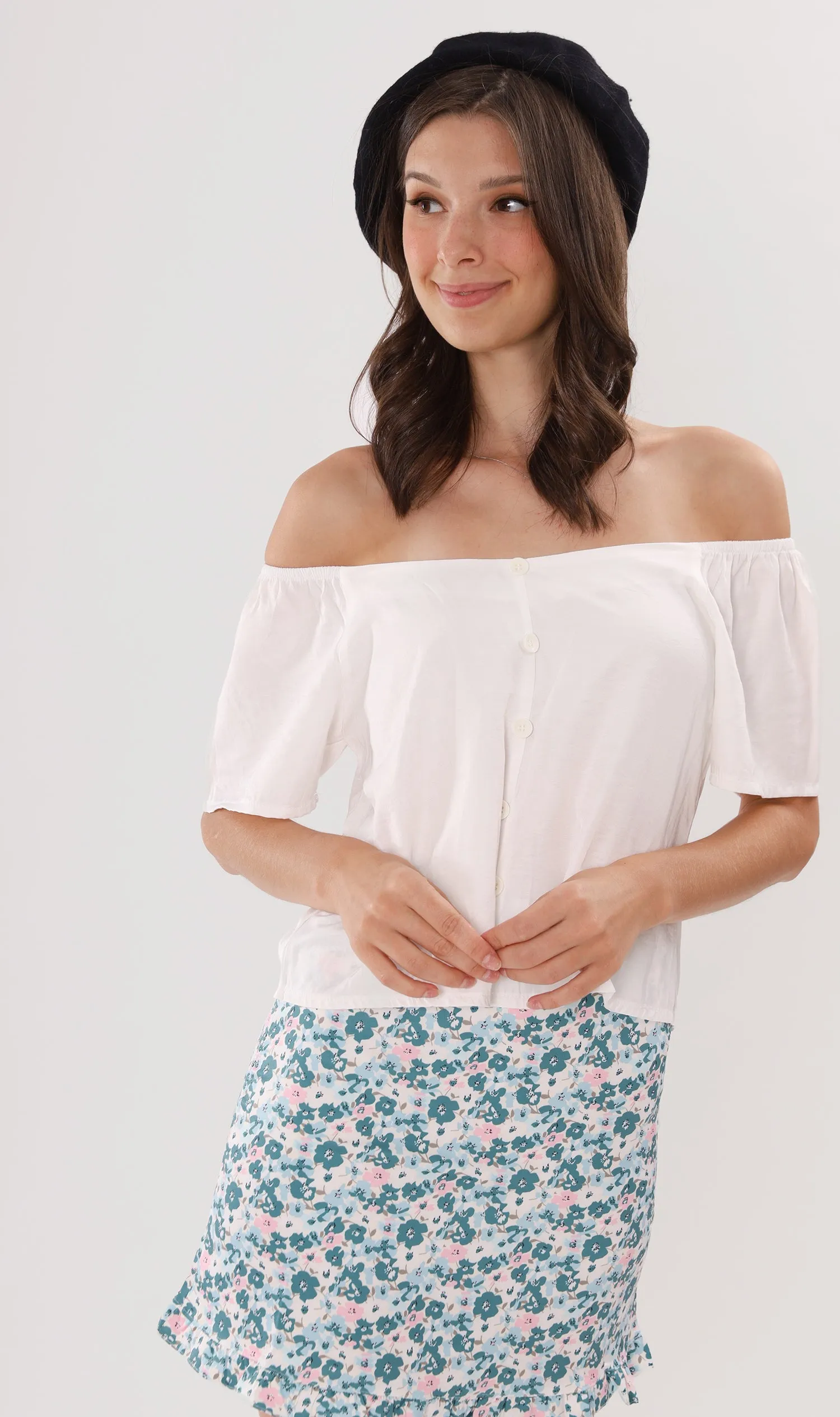 ELIANA Buttoned Flutter-Sleeve Top (White)
