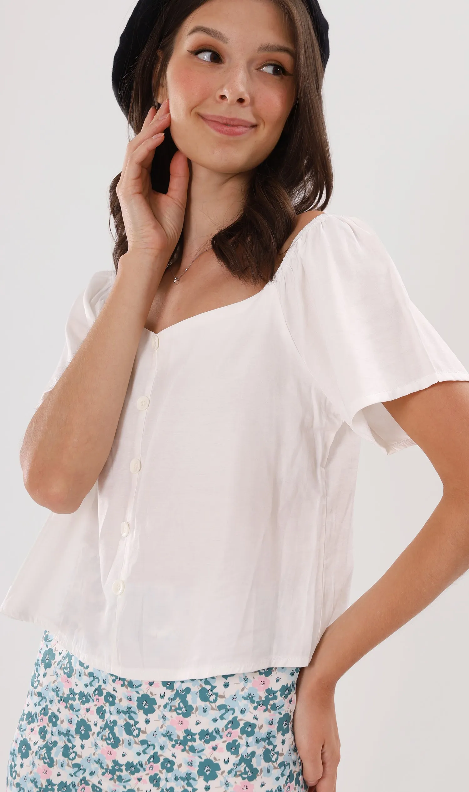 ELIANA Buttoned Flutter-Sleeve Top (White)