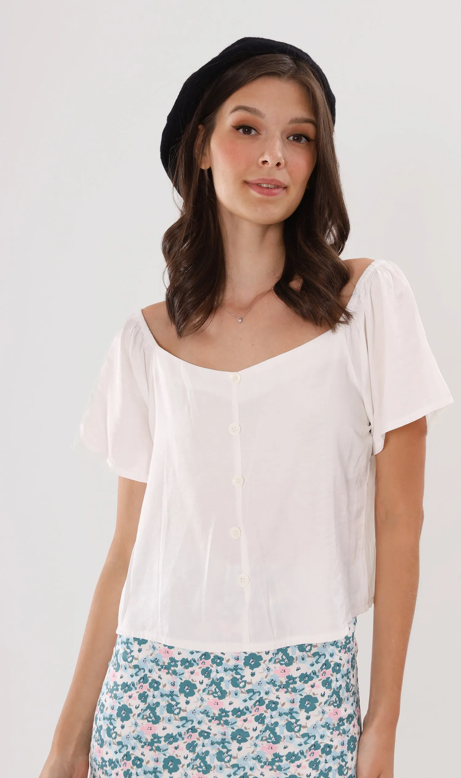 ELIANA Buttoned Flutter-Sleeve Top (White)