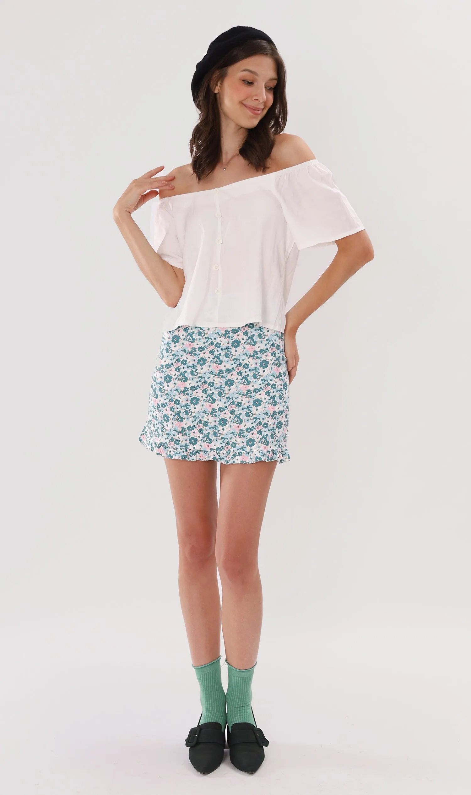 ELIANA Buttoned Flutter-Sleeve Top (White)