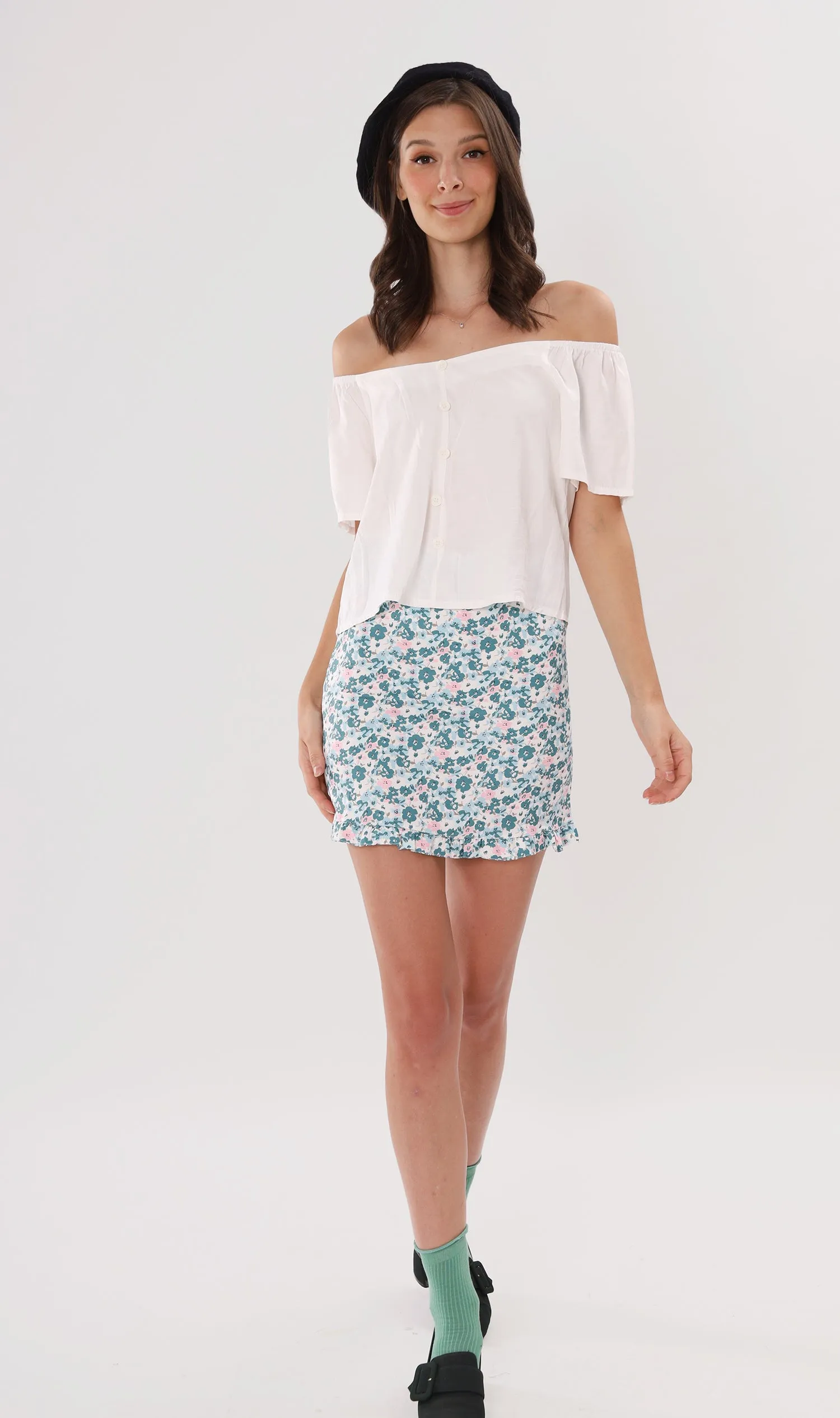 ELIANA Buttoned Flutter-Sleeve Top (White)