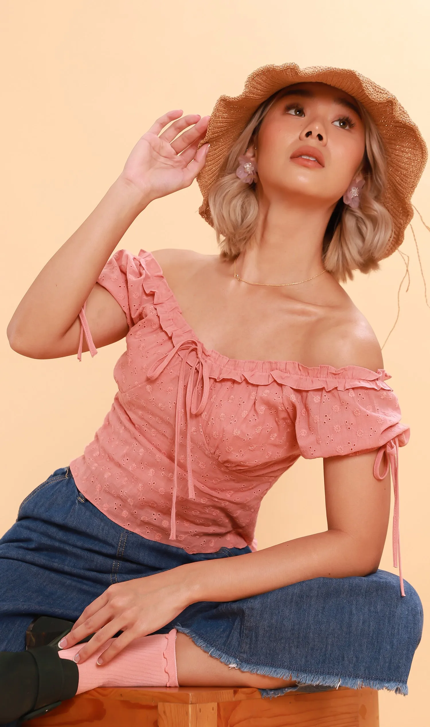 ELOISE Puff-Sleeve Eyelet Top (Blush)
