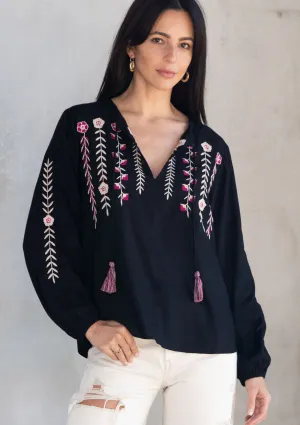 Embroidered Long Sleeve Tie Front Peasant Top