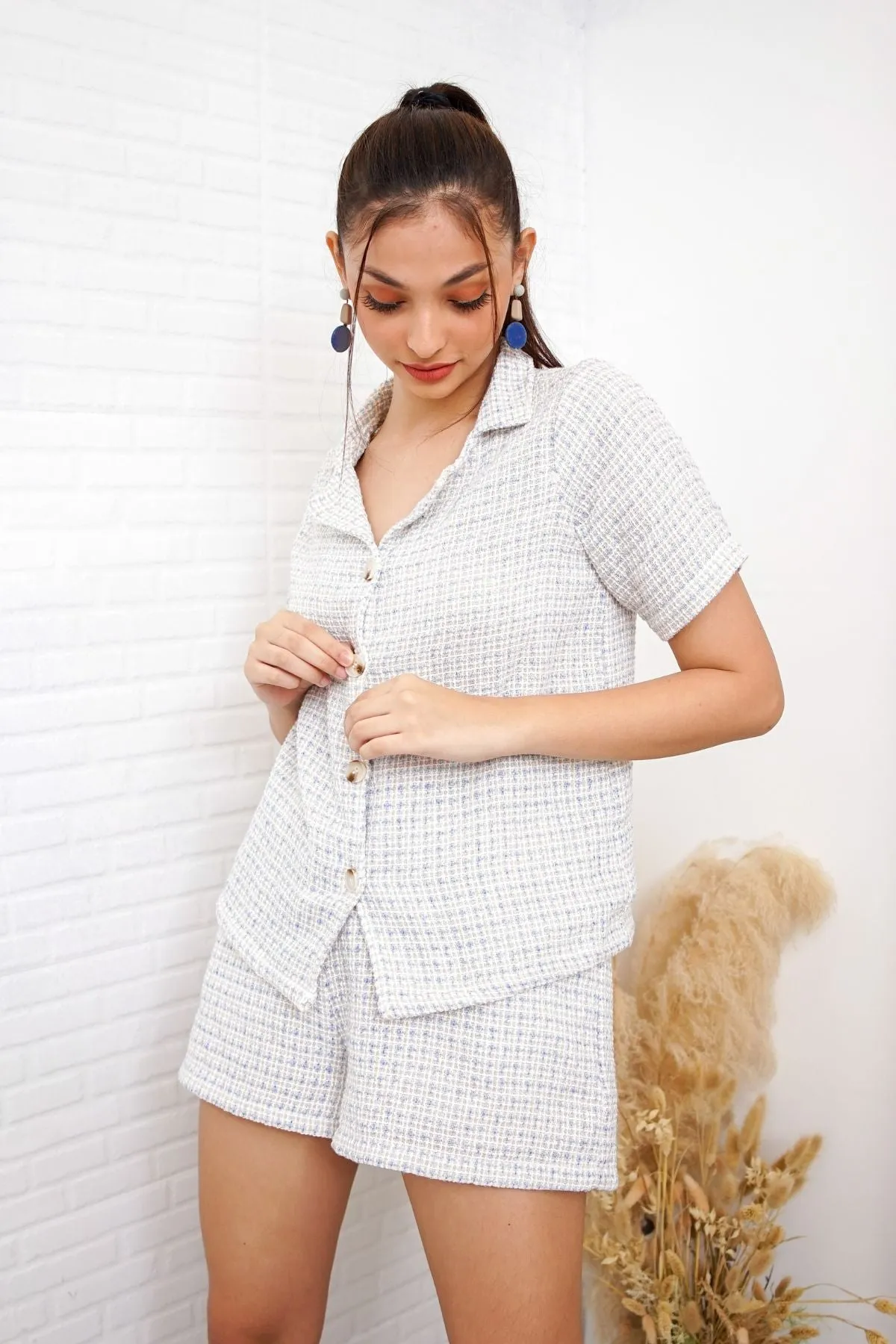 EMERSYN Tweed Blazer Top & Shorts Co-ord (Powder Blue)