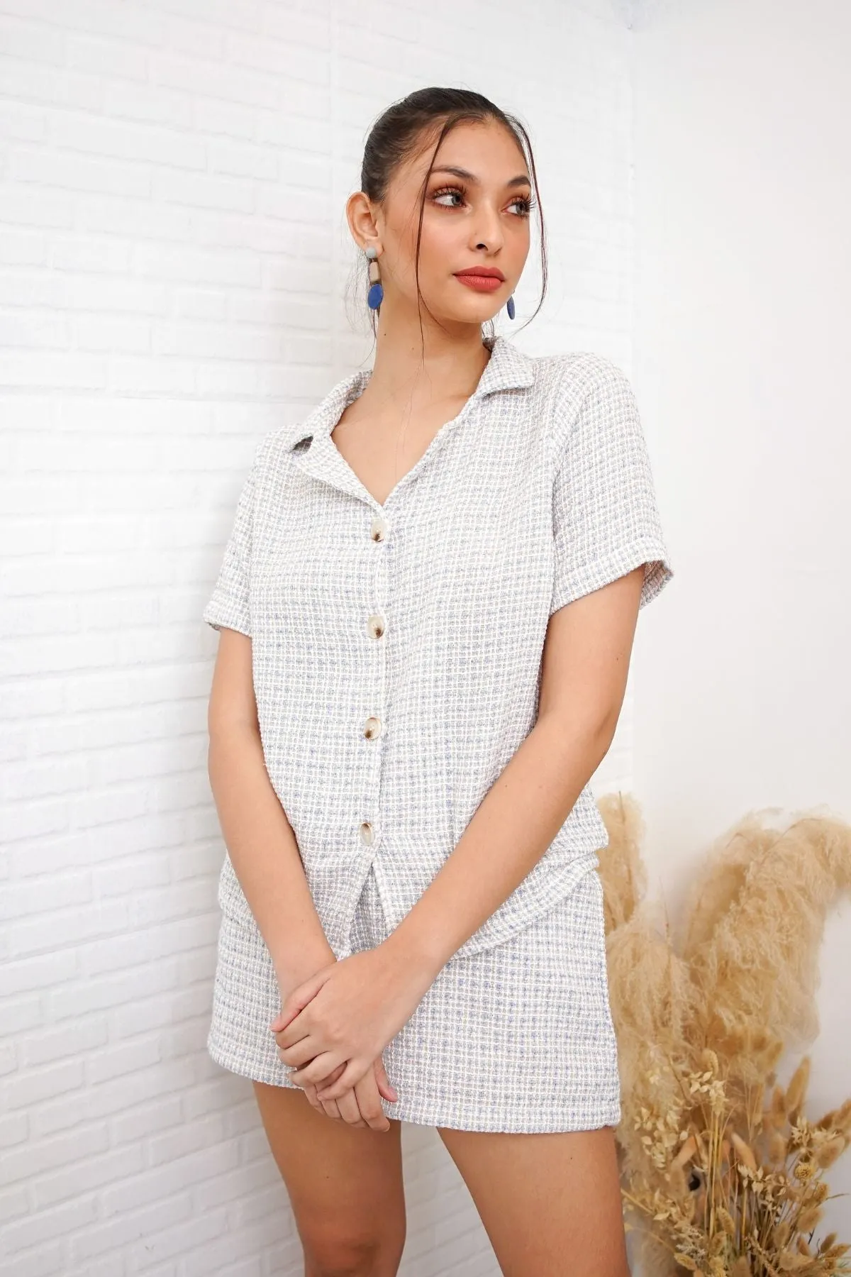 EMERSYN Tweed Blazer Top & Shorts Co-ord (Powder Blue)