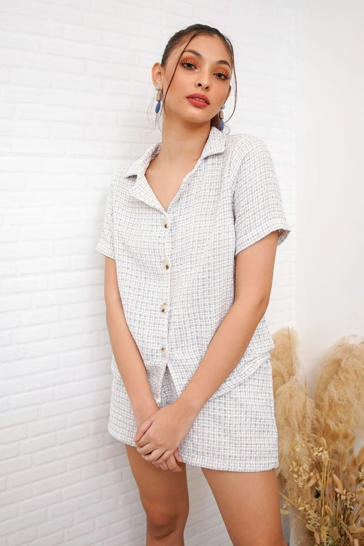 EMERSYN Tweed Blazer Top & Shorts Co-ord (Powder Blue)