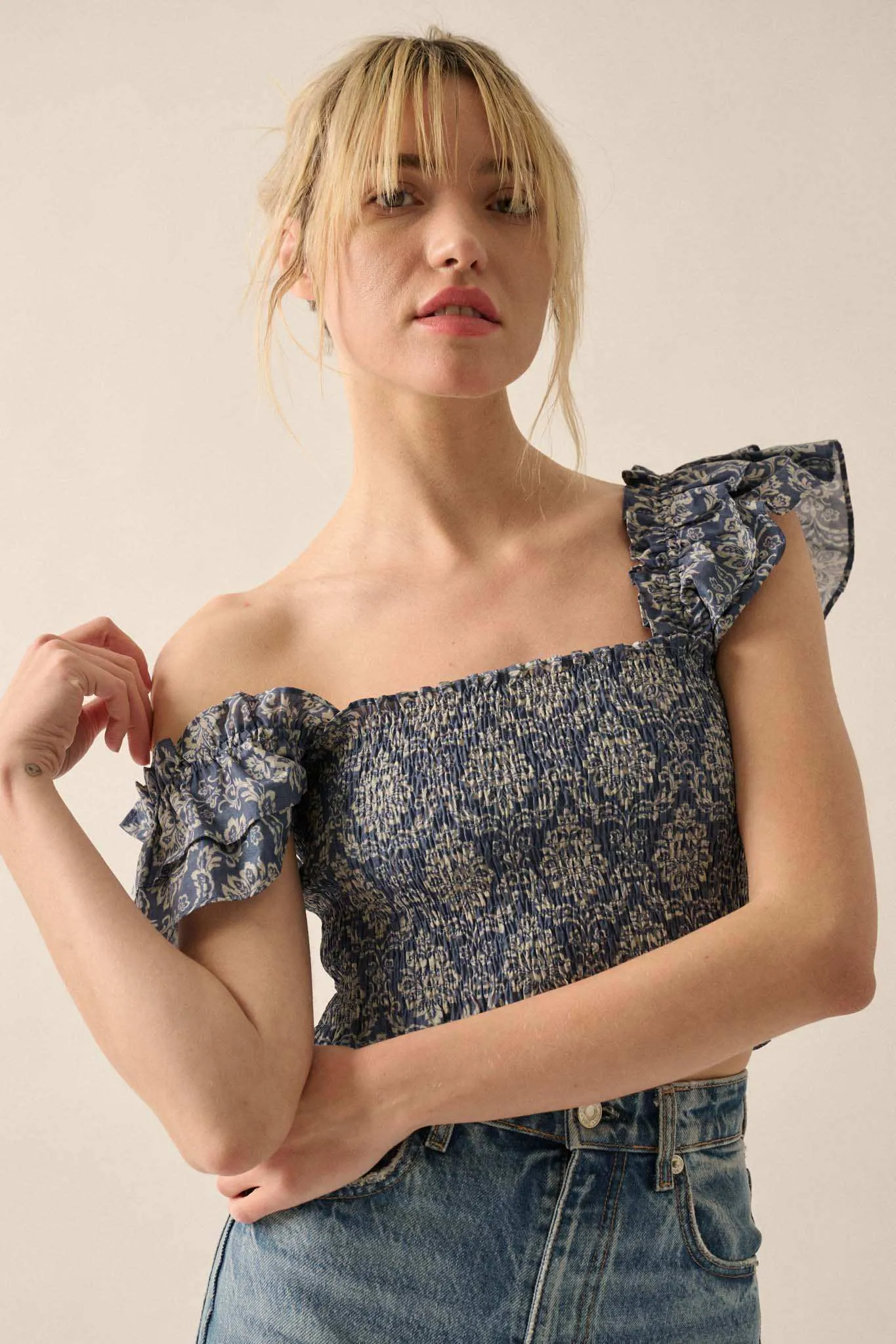 Extravagant Blooms Smocked Floral Ruffle Crop Top