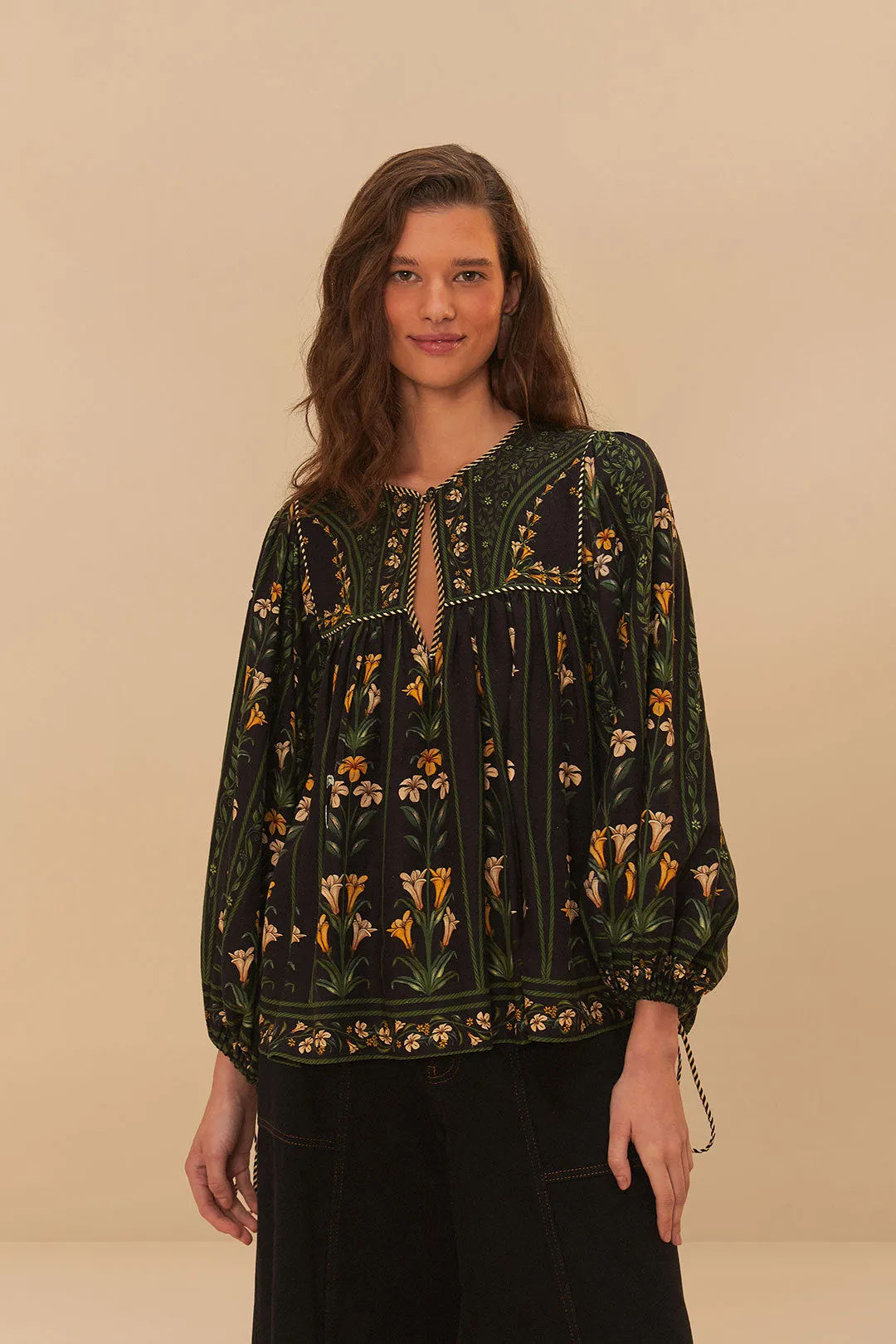 FARM RIO FLOWERS ARCH BLACK LONG SLEEVE SHIRT
