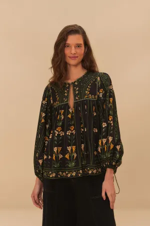 FARM RIO FLOWERS ARCH BLACK LONG SLEEVE SHIRT