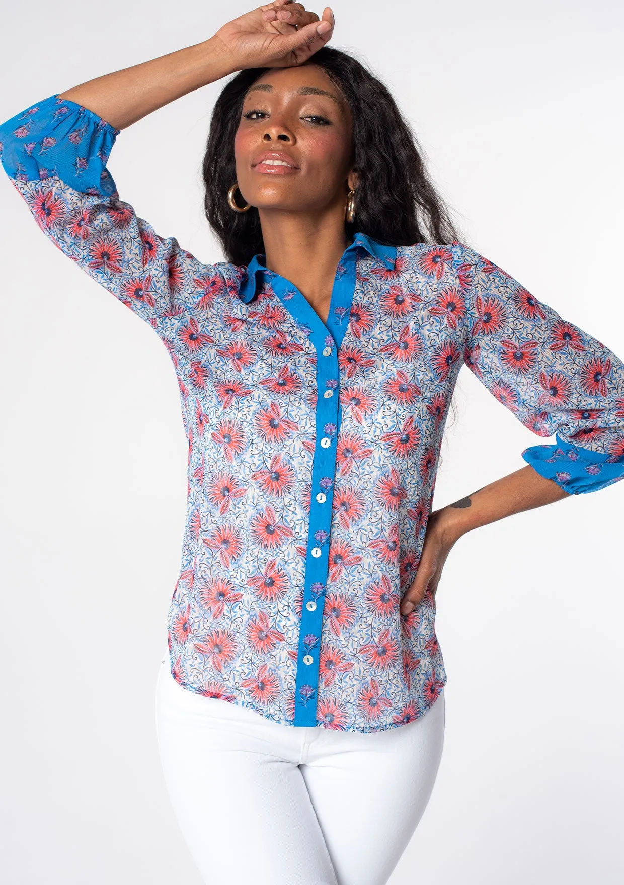 Floral 3/4 Sleeve Collared Button Front Blouse
