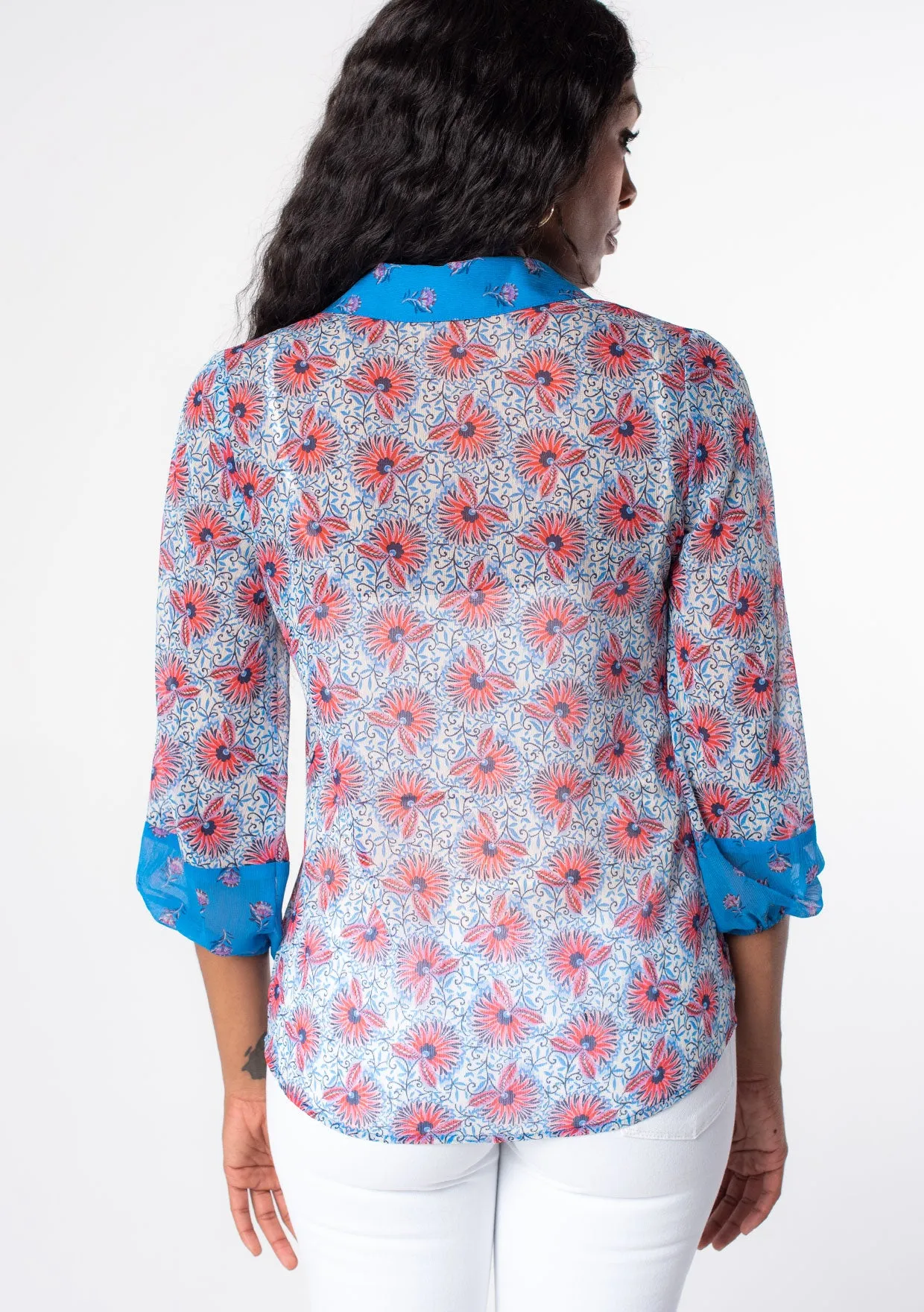 Floral 3/4 Sleeve Collared Button Front Blouse