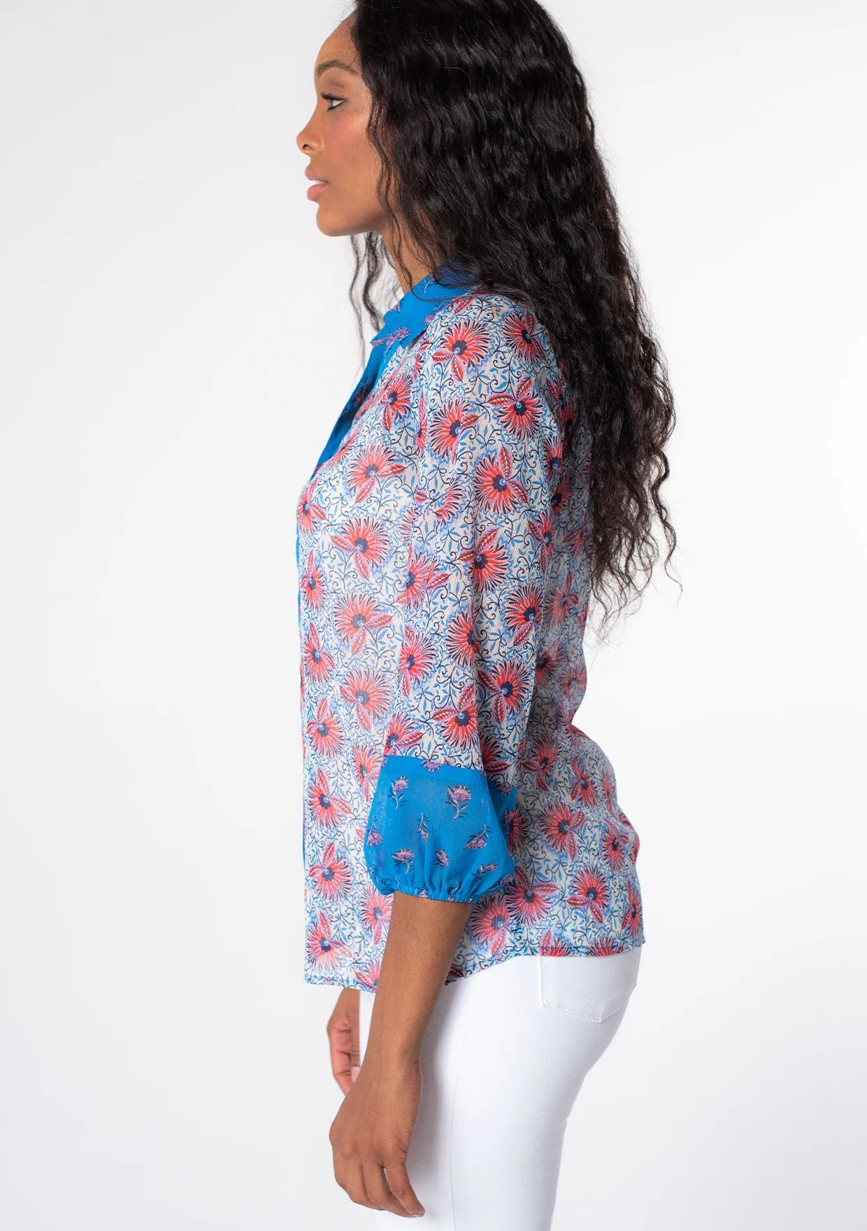 Floral 3/4 Sleeve Collared Button Front Blouse