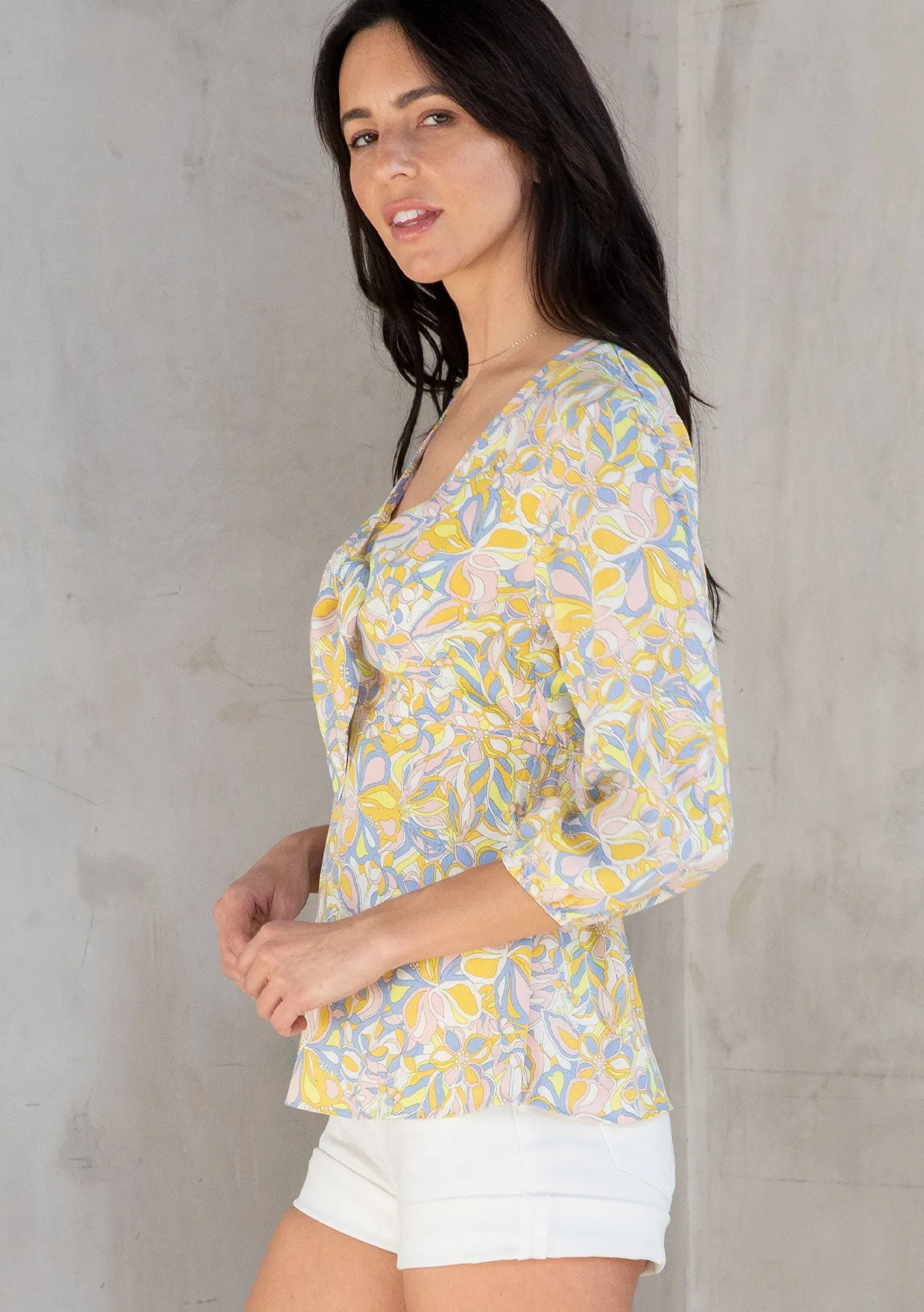 Floral 3/4 Sleeve Tie Front Top