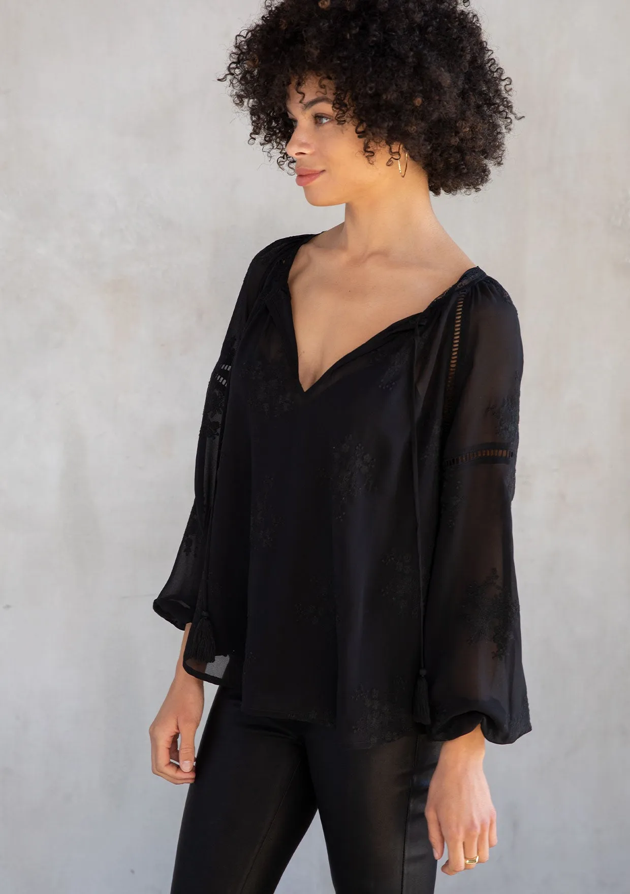 Floral Embroidered Long Sleeve Peasant Blouse